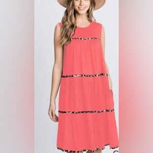 Coral Midi Dress with Leopard stripe Accents heimish small